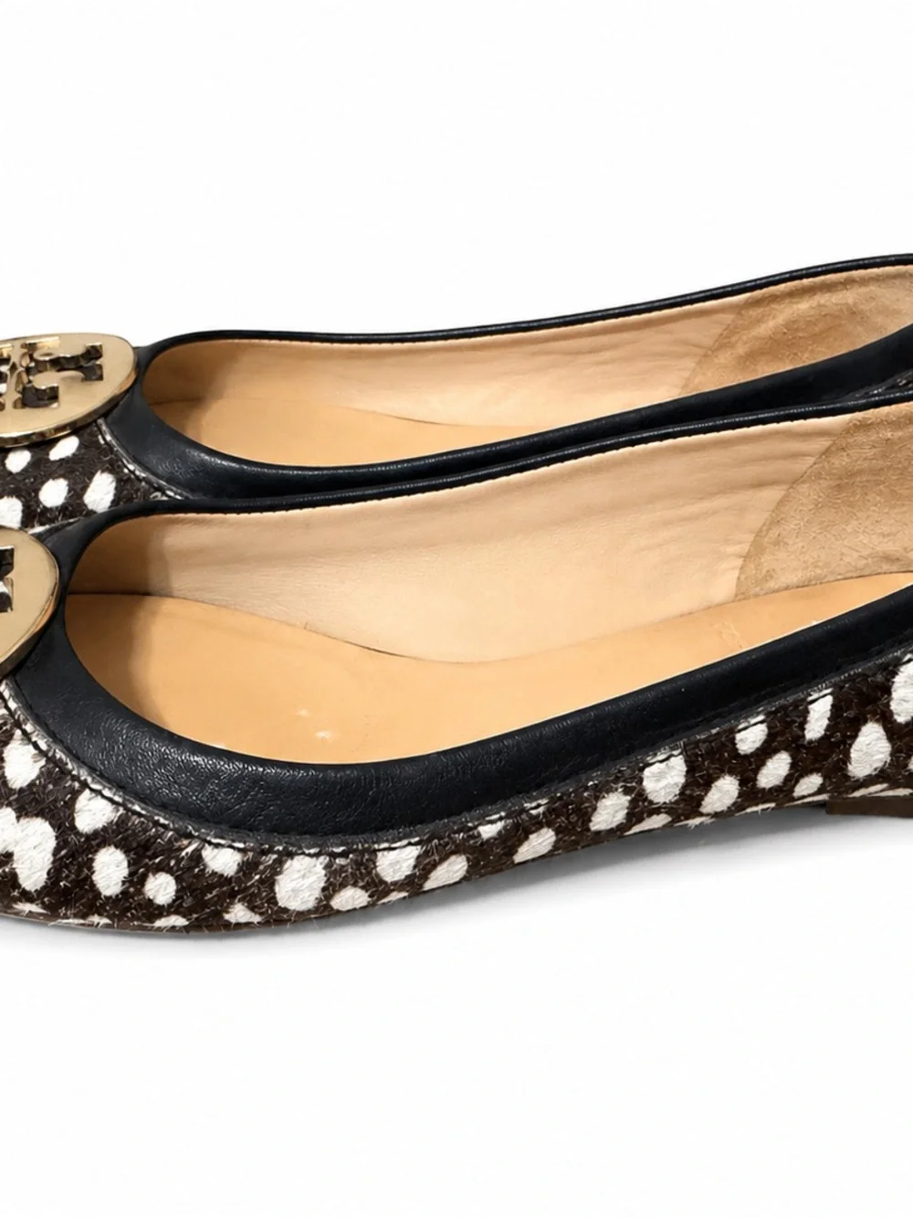 Tory Burch Brown & White Calf Hair Logo Medallion Flats